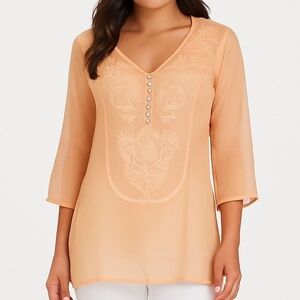 Soft Surroundings Peach Embroidered Tunic Blouse Sheer Long Top Bohemian